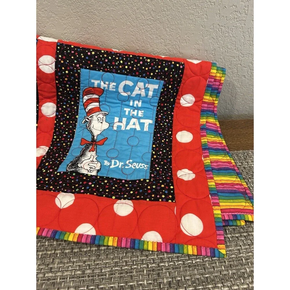 Hand Quilted Kids Quilt Dr Seuss Theme Multi Color Stitching 40” X 50”   Books